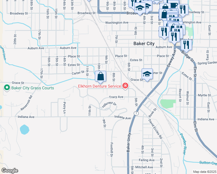 map of restaurants, bars, coffee shops, grocery stores, and more near 2810 Myrtle Street in Baker City