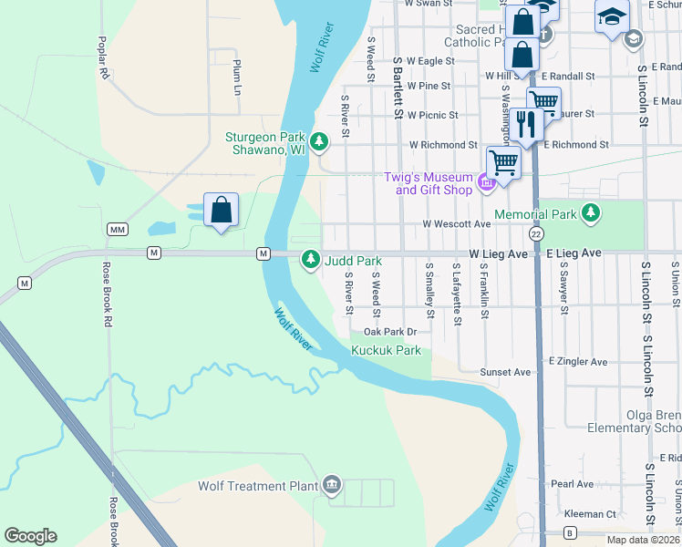 map of restaurants, bars, coffee shops, grocery stores, and more near 1111 South River Street in Shawano