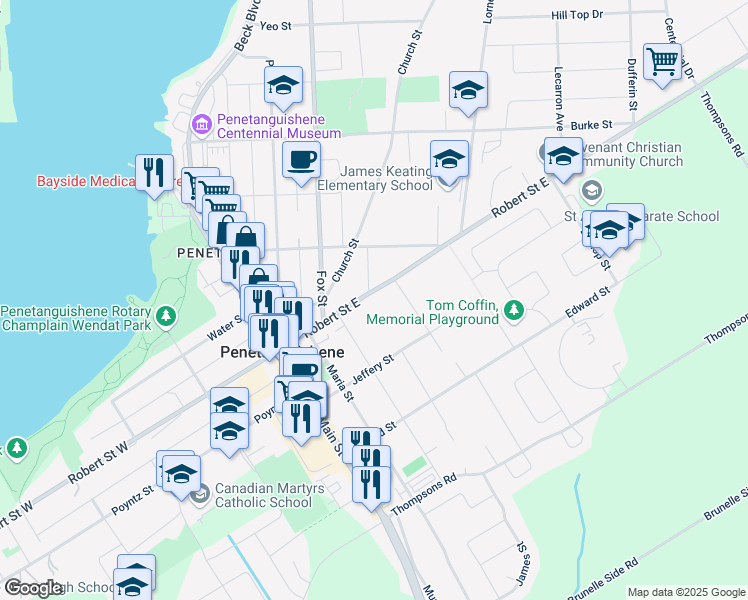 map of restaurants, bars, coffee shops, grocery stores, and more near 30 Robert Street East in Penetanguishene