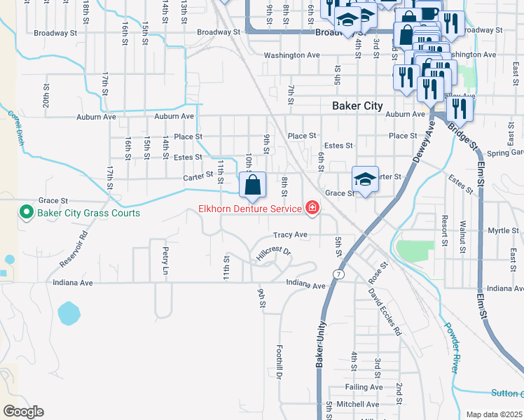 map of restaurants, bars, coffee shops, grocery stores, and more near 2810 Myrtle Street in Baker City