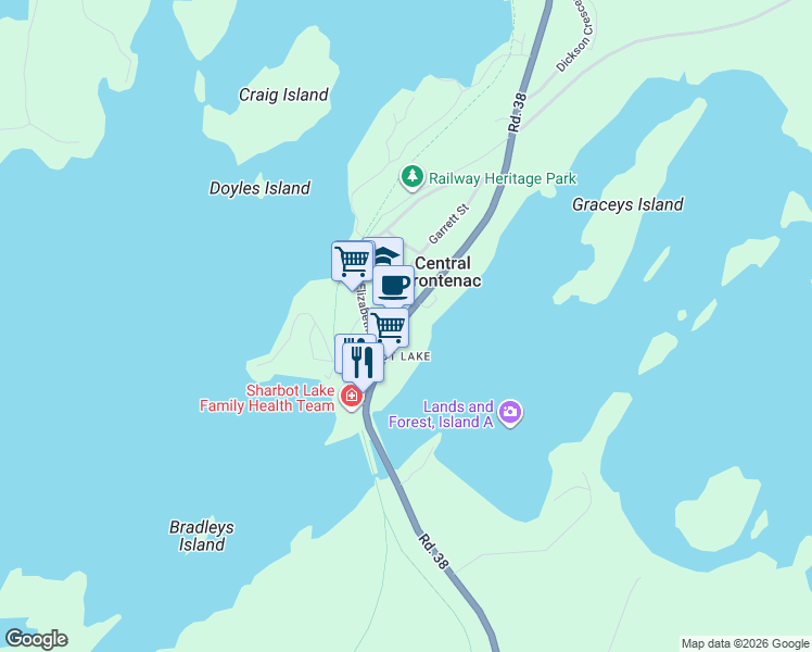 map of restaurants, bars, coffee shops, grocery stores, and more near 14172 Road 38 in Central Frontenac