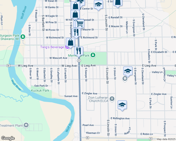 map of restaurants, bars, coffee shops, grocery stores, and more near 911 South Sawyer Street in Shawano