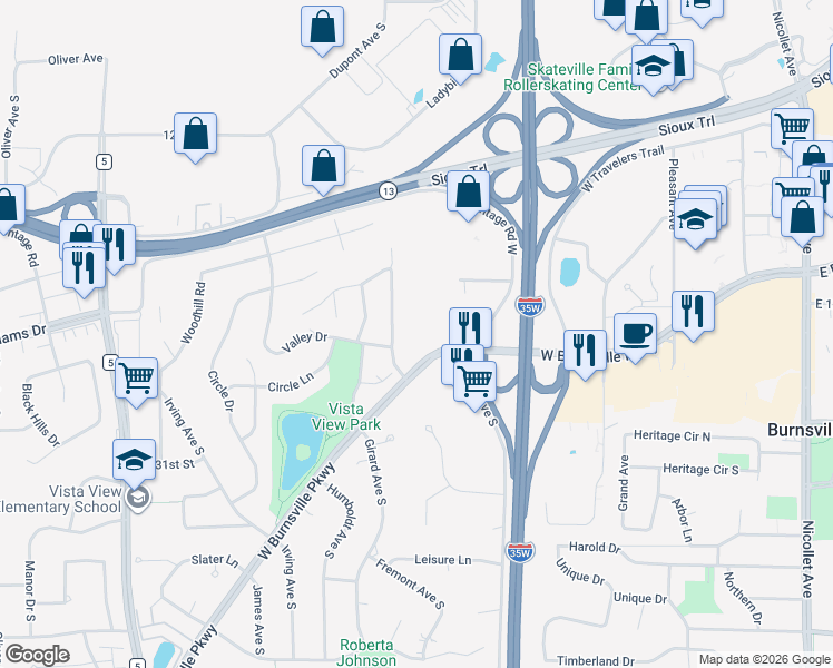 map of restaurants, bars, coffee shops, grocery stores, and more near 1024 West Burnsville Parkway in Burnsville