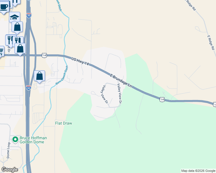 map of restaurants, bars, coffee shops, grocery stores, and more near 46 Valley View Drive in Sheridan