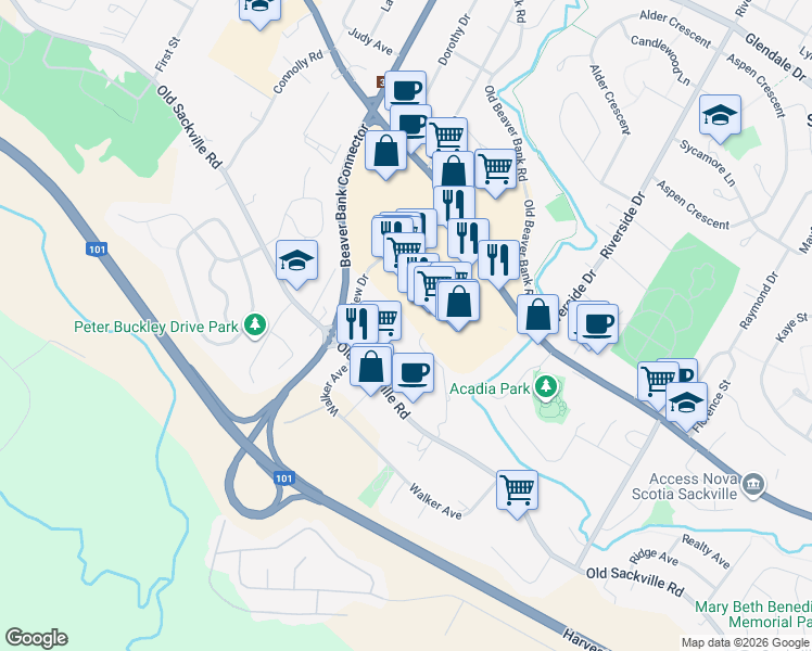 map of restaurants, bars, coffee shops, grocery stores, and more near 54 Paige Plaza in Lower Sackville