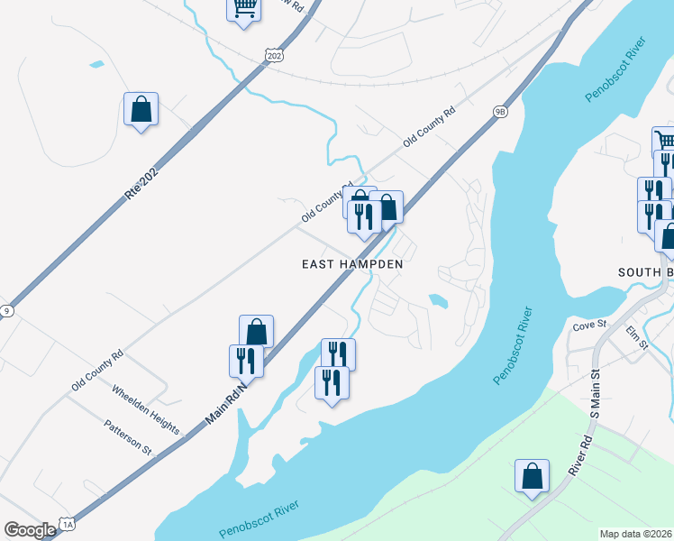 map of restaurants, bars, coffee shops, grocery stores, and more near 644 Main Road North in Hampden