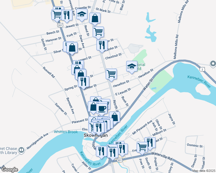 map of restaurants, bars, coffee shops, grocery stores, and more near 55 North Avenue in Skowhegan