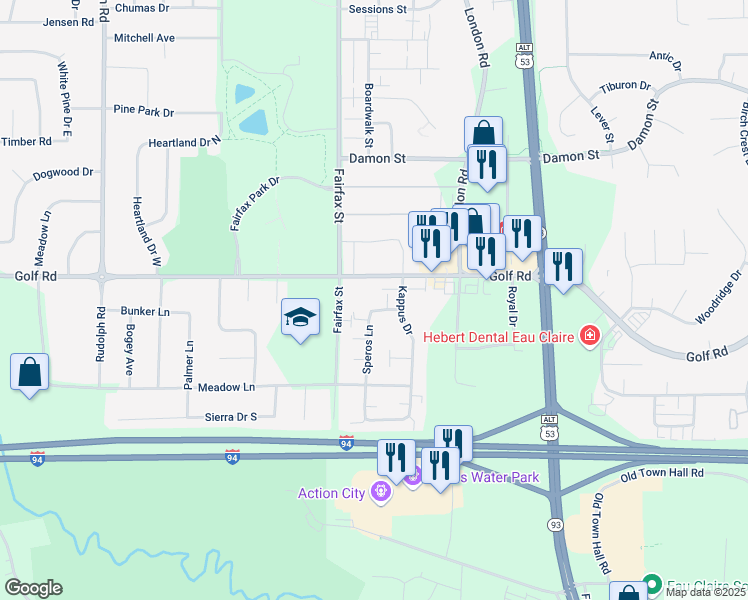 map of restaurants, bars, coffee shops, grocery stores, and more near 4526 Speros Lane in Eau Claire
