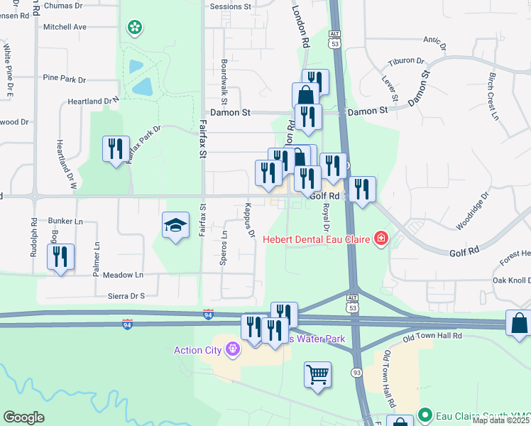 map of restaurants, bars, coffee shops, grocery stores, and more near 4521 Kappus Drive in Eau Claire