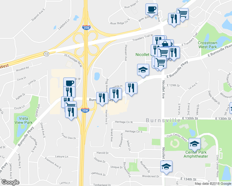 map of restaurants, bars, coffee shops, grocery stores, and more near 350 West Burnsville Parkway in Burnsville