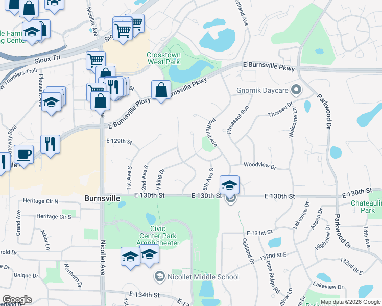 map of restaurants, bars, coffee shops, grocery stores, and more near 12820 Whitewood Drive in Burnsville