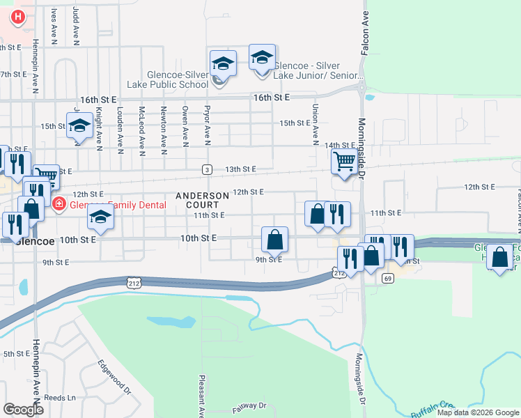 map of restaurants, bars, coffee shops, grocery stores, and more near 1121 Russell Avenue in Glencoe