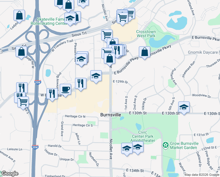 map of restaurants, bars, coffee shops, grocery stores, and more near 12986 Nicollet Avenue South in Burnsville