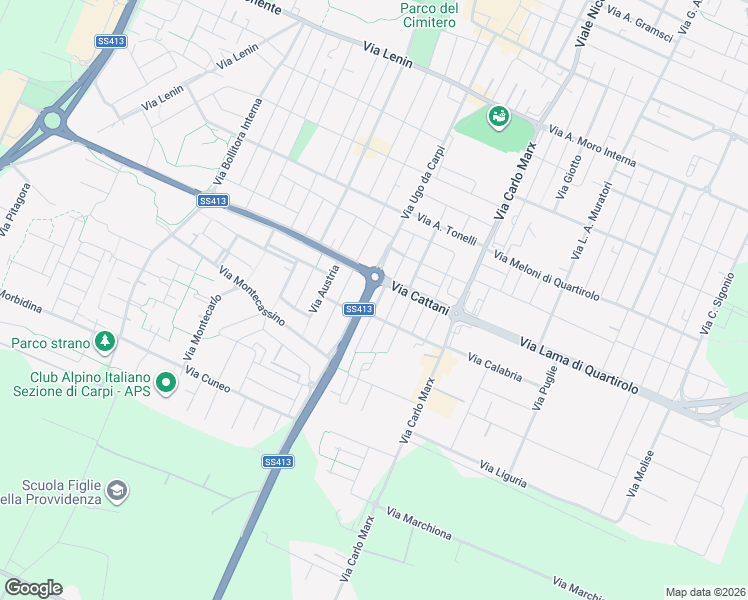 map of restaurants, bars, coffee shops, grocery stores, and more near 18 Via Cattani in Carpi