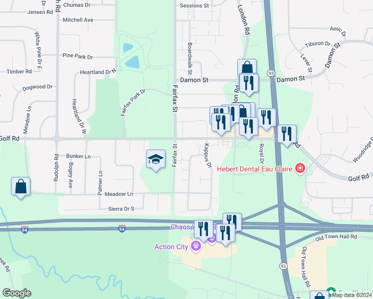 map of restaurants, bars, coffee shops, grocery stores, and more near 4526 Speros Lane in Eau Claire