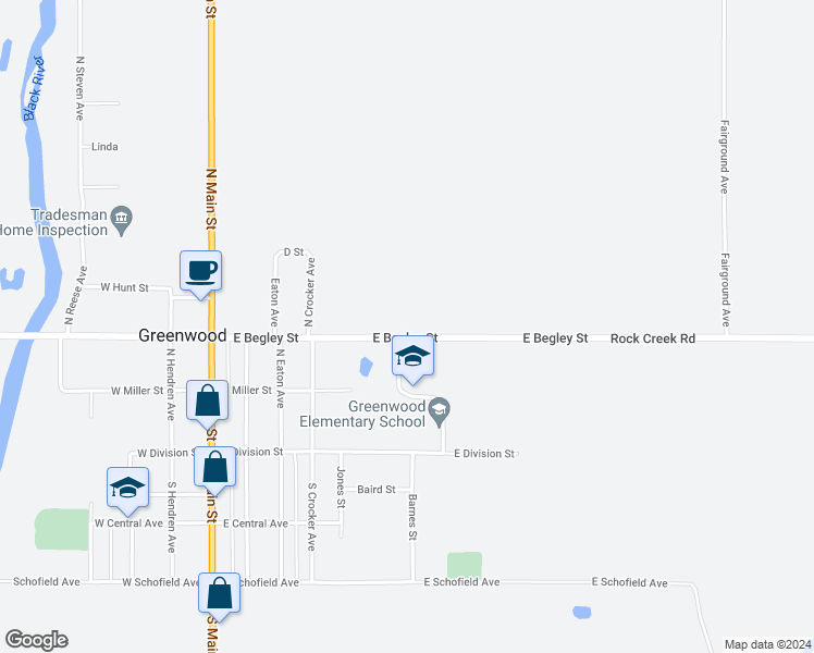 map of restaurants, bars, coffee shops, grocery stores, and more near 606 East Begley Street in Greenwood