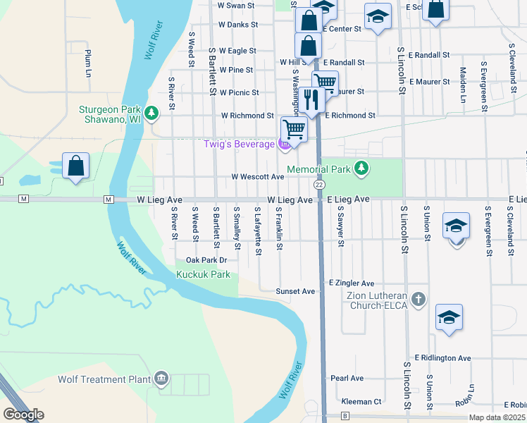 map of restaurants, bars, coffee shops, grocery stores, and more near 1112 S Lafayette St in Shawano
