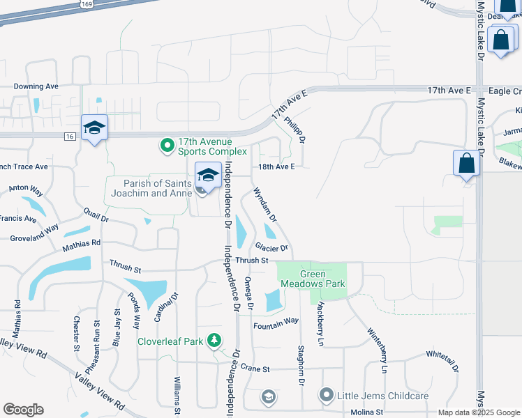 map of restaurants, bars, coffee shops, grocery stores, and more near 1824 Wyndam Drive in Shakopee