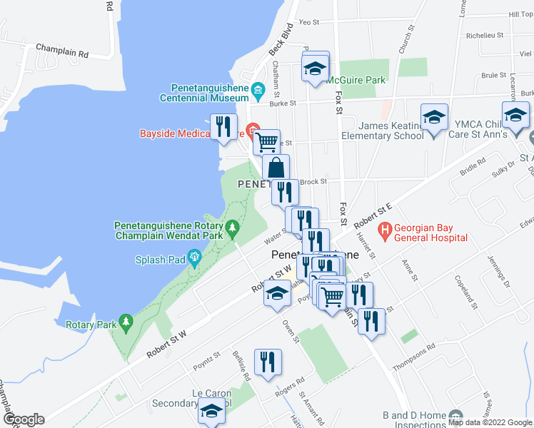 map of restaurants, bars, coffee shops, grocery stores, and more near 6 Tessier Drive in Penetanguishene