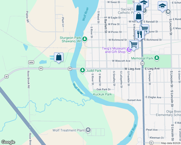 map of restaurants, bars, coffee shops, grocery stores, and more near 1111 S River St in Shawano