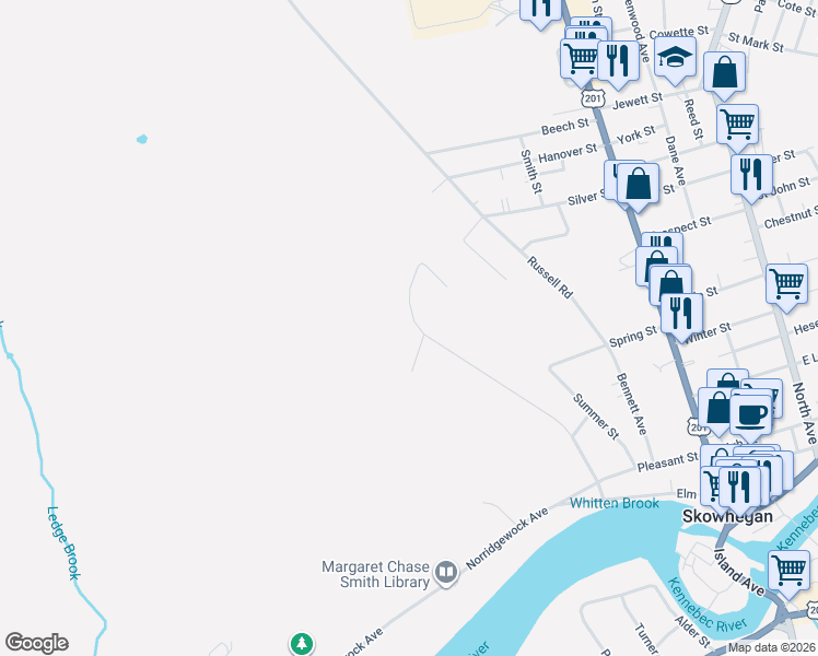 map of restaurants, bars, coffee shops, grocery stores, and more near 33 Coburn Avenue in Skowhegan