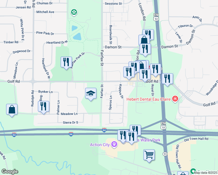 map of restaurants, bars, coffee shops, grocery stores, and more near 4526 Speros Lane in Eau Claire