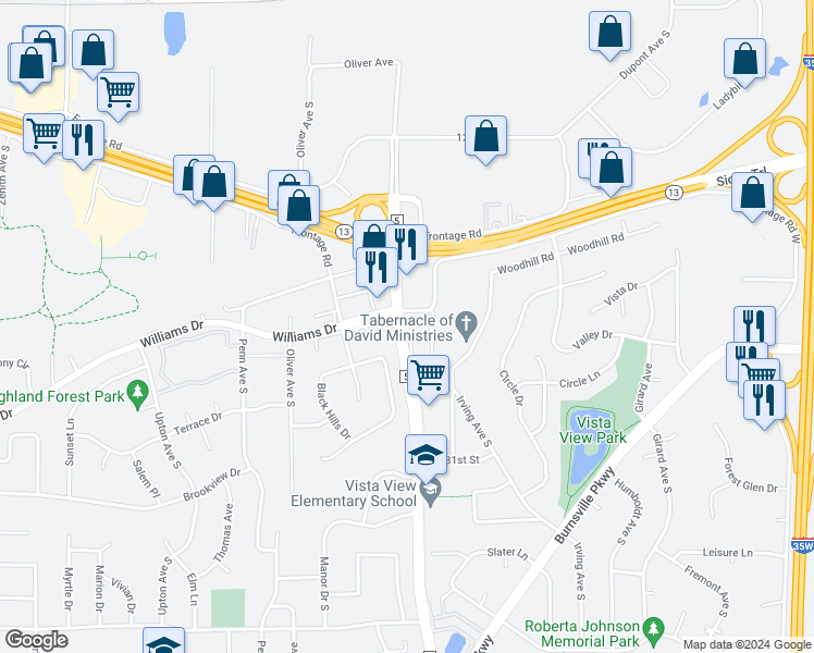 map of restaurants, bars, coffee shops, grocery stores, and more near 1135 Williams Drive in Burnsville