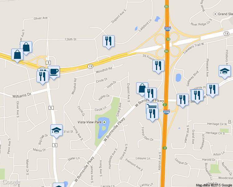 map of restaurants, bars, coffee shops, grocery stores, and more near 1506 Valley Drive in Burnsville