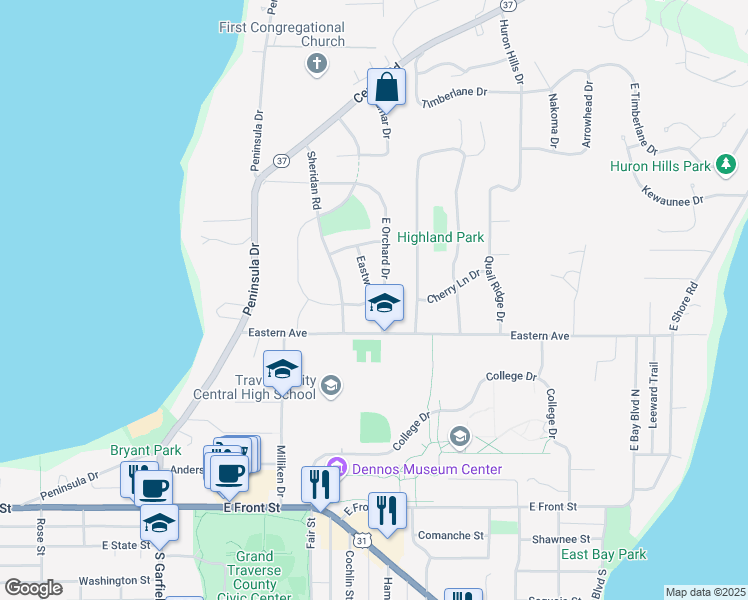 map of restaurants, bars, coffee shops, grocery stores, and more near 600 East Orchard Drive in Traverse City