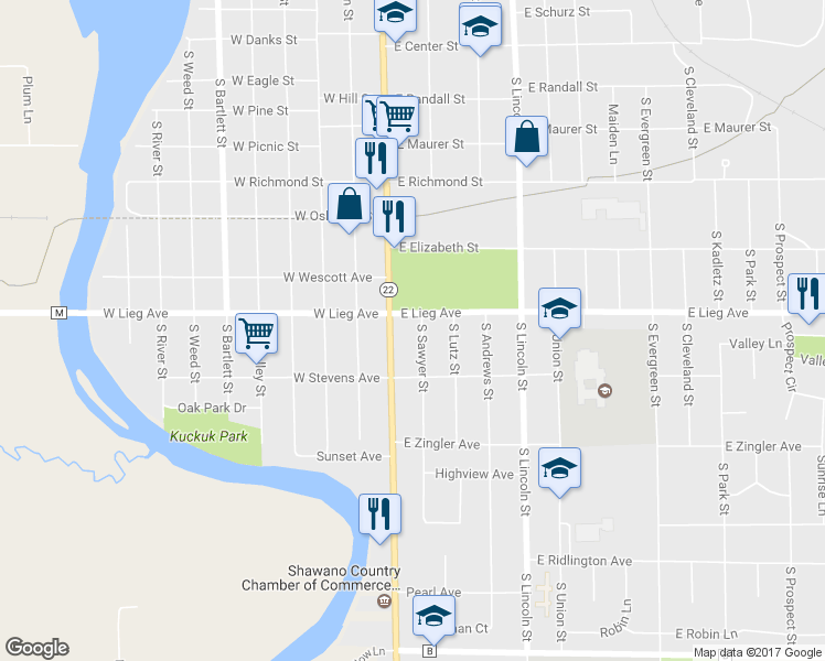 map of restaurants, bars, coffee shops, grocery stores, and more near 911 South Sawyer Street in Shawano