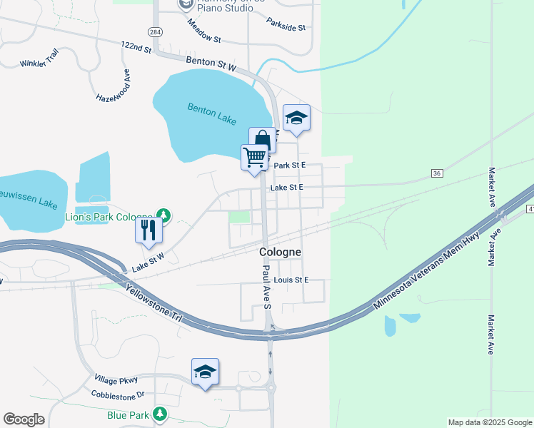 map of restaurants, bars, coffee shops, grocery stores, and more near 112 Paul Avenue North in Cologne