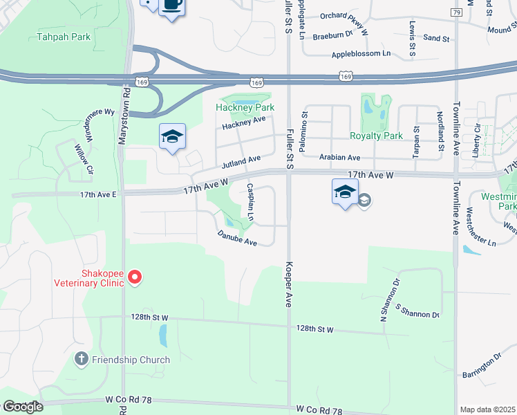 map of restaurants, bars, coffee shops, grocery stores, and more near 1737 Caspian Lane in Shakopee
