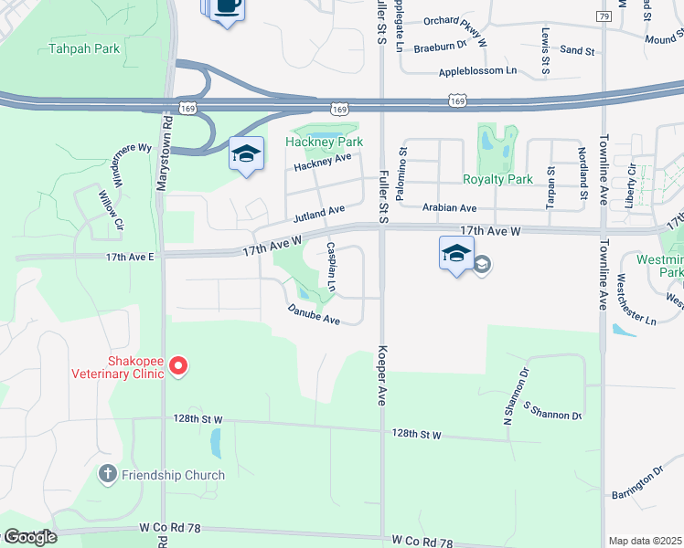 map of restaurants, bars, coffee shops, grocery stores, and more near 1737 Caspian Lane in Shakopee