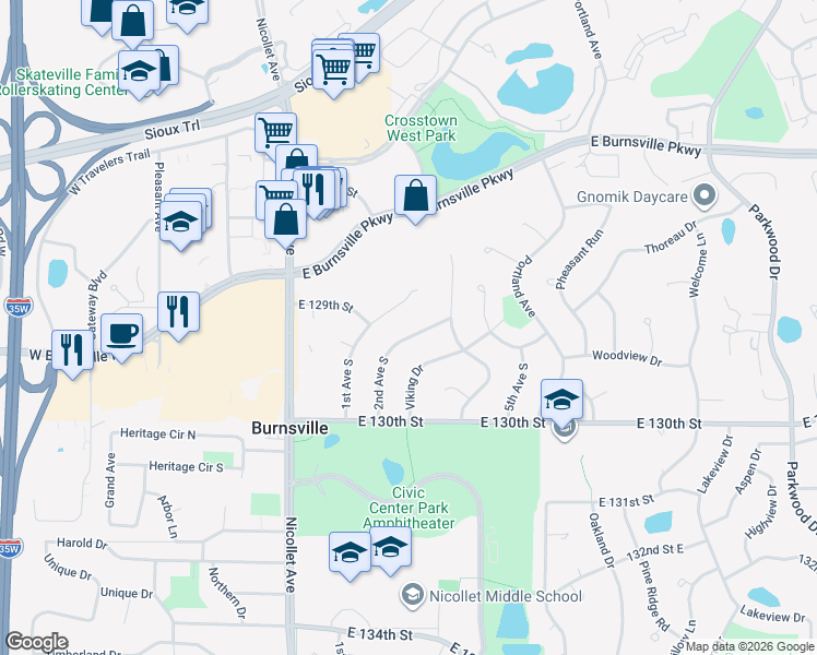 map of restaurants, bars, coffee shops, grocery stores, and more near 12916 2nd Avenue South in Burnsville