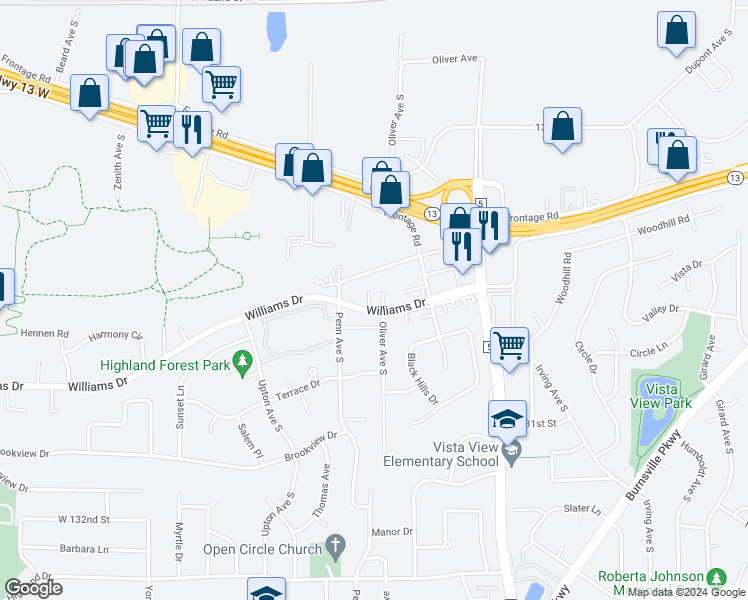 map of restaurants, bars, coffee shops, grocery stores, and more near 2248 Williams Drive in Burnsville