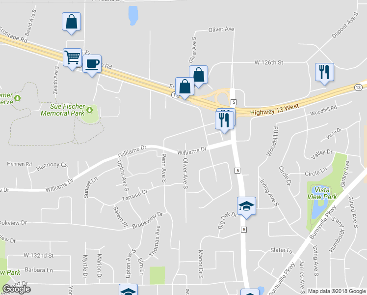 map of restaurants, bars, coffee shops, grocery stores, and more near 2232 Williams Drive in Burnsville