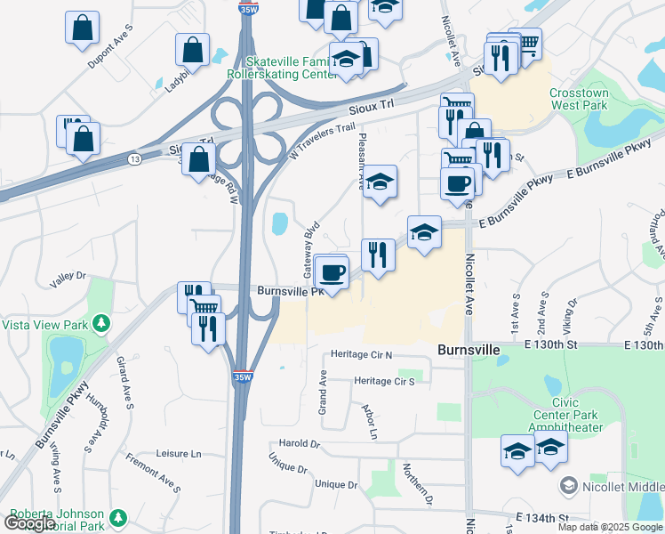 map of restaurants, bars, coffee shops, grocery stores, and more near 350 West Burnsville Parkway in Burnsville