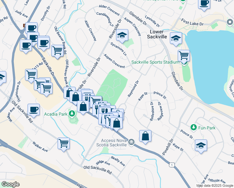 map of restaurants, bars, coffee shops, grocery stores, and more near 593 Sackville Drive in Lower Sackville
