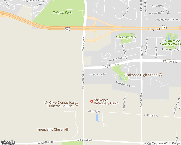 map of restaurants, bars, coffee shops, grocery stores, and more near 1160 Danube Avenue in Shakopee