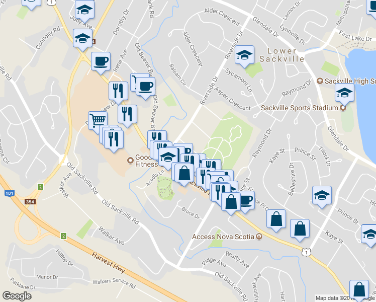map of restaurants, bars, coffee shops, grocery stores, and more near 39 Schultz Street in Lower Sackville