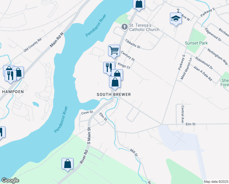 map of restaurants, bars, coffee shops, grocery stores, and more near 10 South Brewer Drive in Brewer