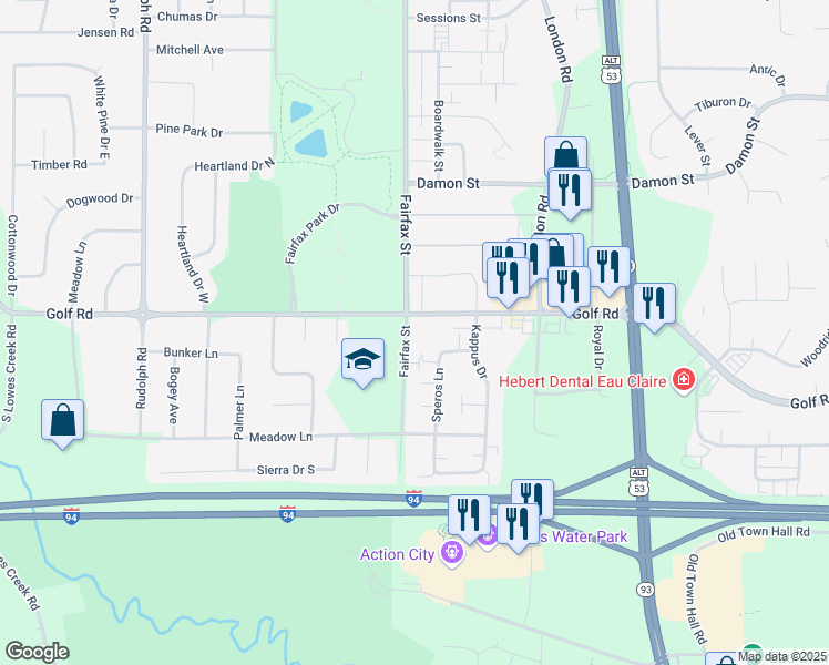 map of restaurants, bars, coffee shops, grocery stores, and more near 4511 Fairfax Street in Eau Claire