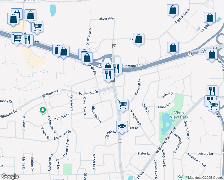 map of restaurants, bars, coffee shops, grocery stores, and more near 1135 Williams Drive in Burnsville