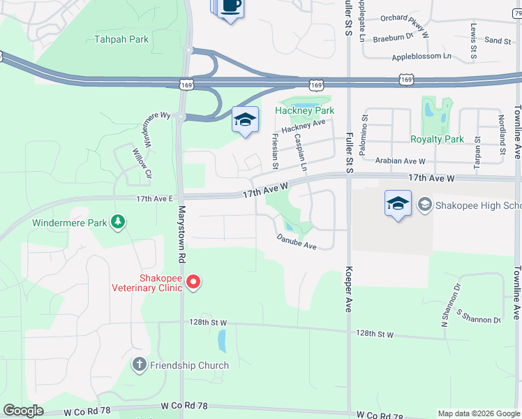 map of restaurants, bars, coffee shops, grocery stores, and more near 837 Danube Avenue in Shakopee