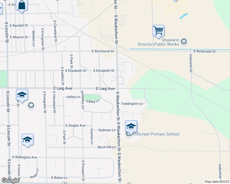 map of restaurants, bars, coffee shops, grocery stores, and more near 1123 South Waukechon Street in Shawano