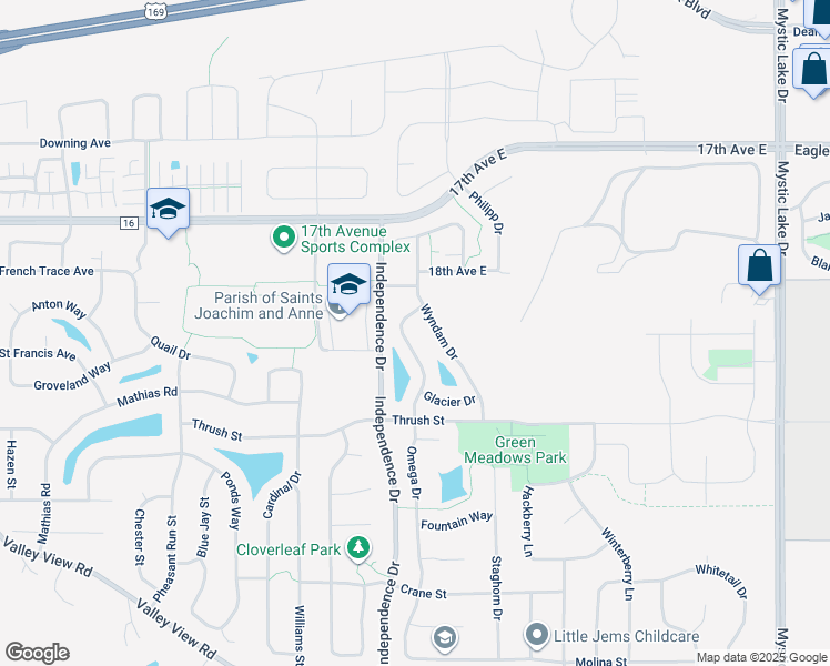 map of restaurants, bars, coffee shops, grocery stores, and more near 1824 Wyndam Drive in Shakopee