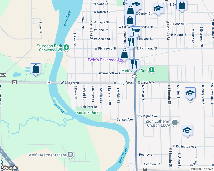 map of restaurants, bars, coffee shops, grocery stores, and more near 1112 South Lafayette Street in Shawano