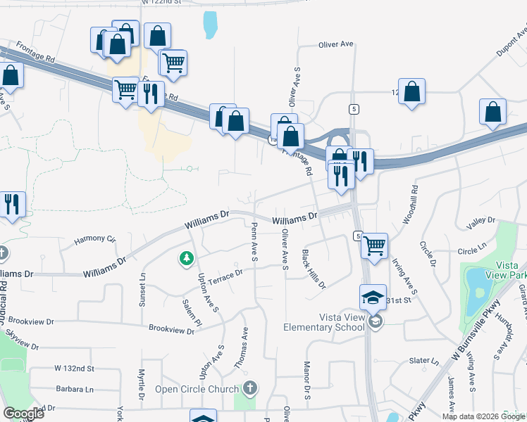 map of restaurants, bars, coffee shops, grocery stores, and more near 2324 Williams Drive in Burnsville