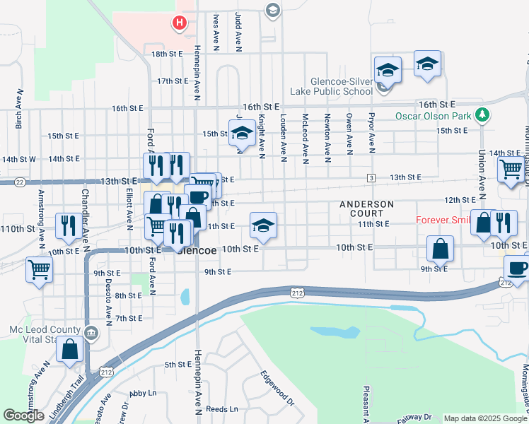 map of restaurants, bars, coffee shops, grocery stores, and more near 1107 11th Street East in Glencoe