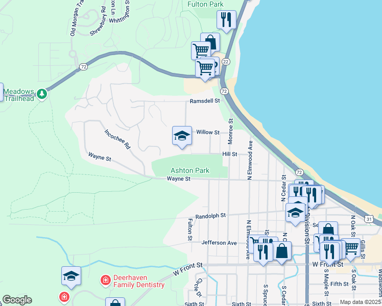 map of restaurants, bars, coffee shops, grocery stores, and more near 1299 Hill Street in Traverse City